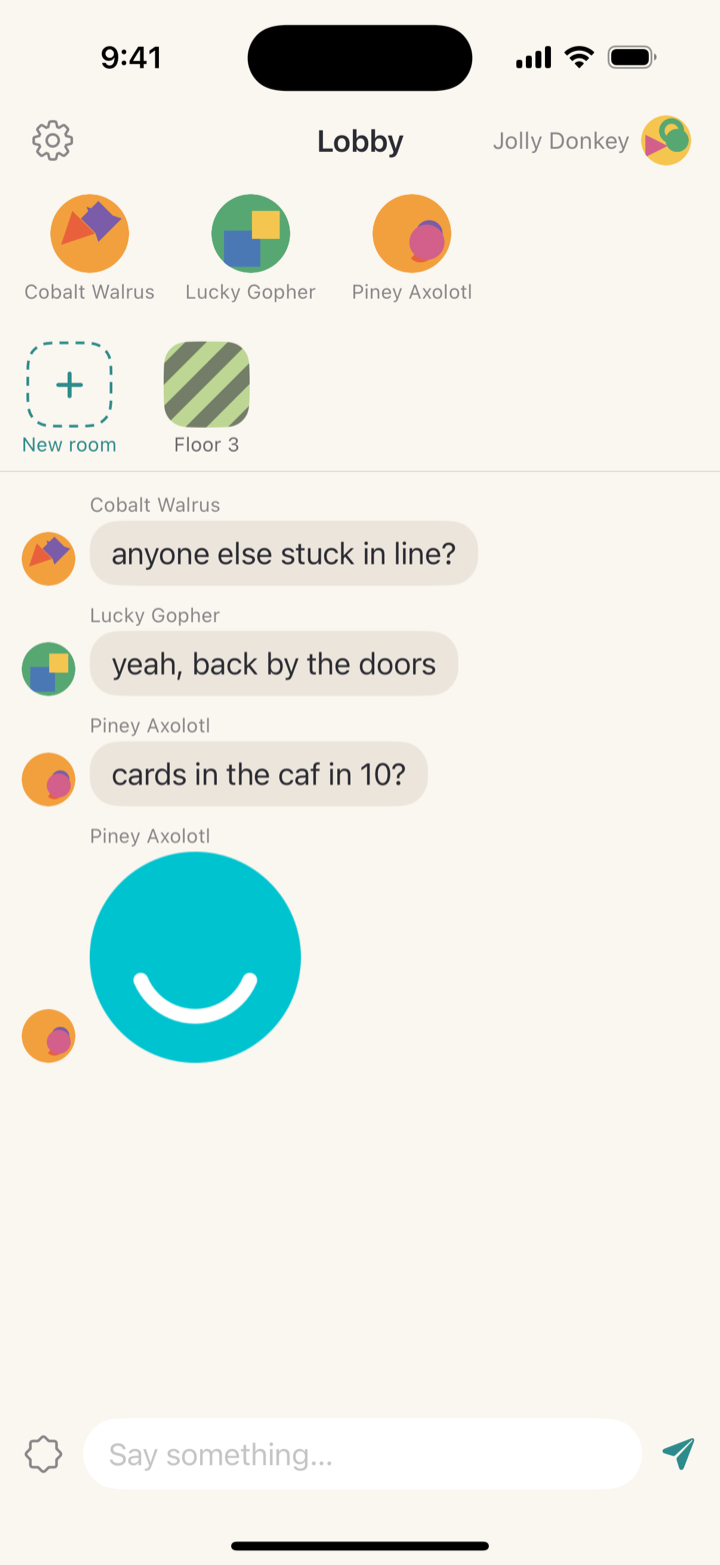 The Pome lobby: three people nearby, a Floor 3 room, and a conversation with a hand-drawn sticker