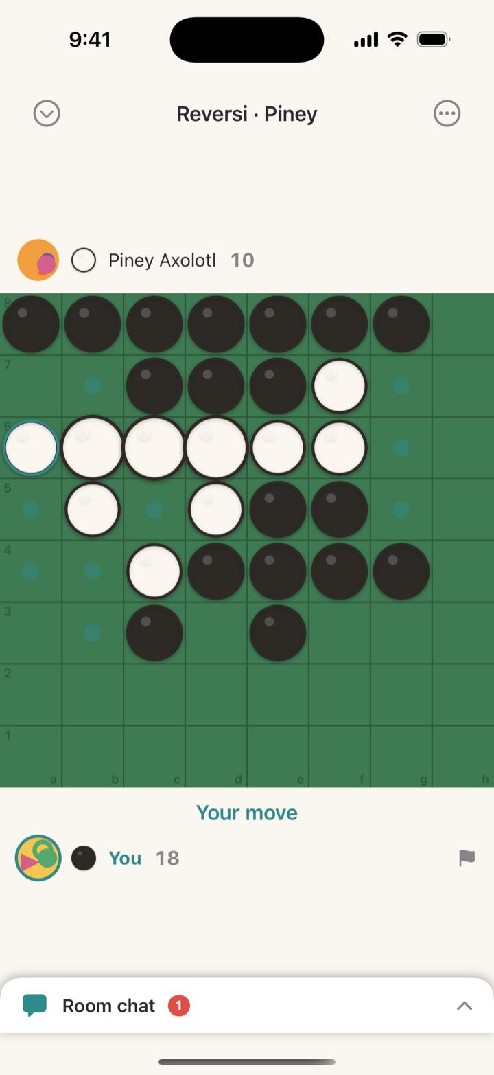 A reversi match in a Pome room, mid-game