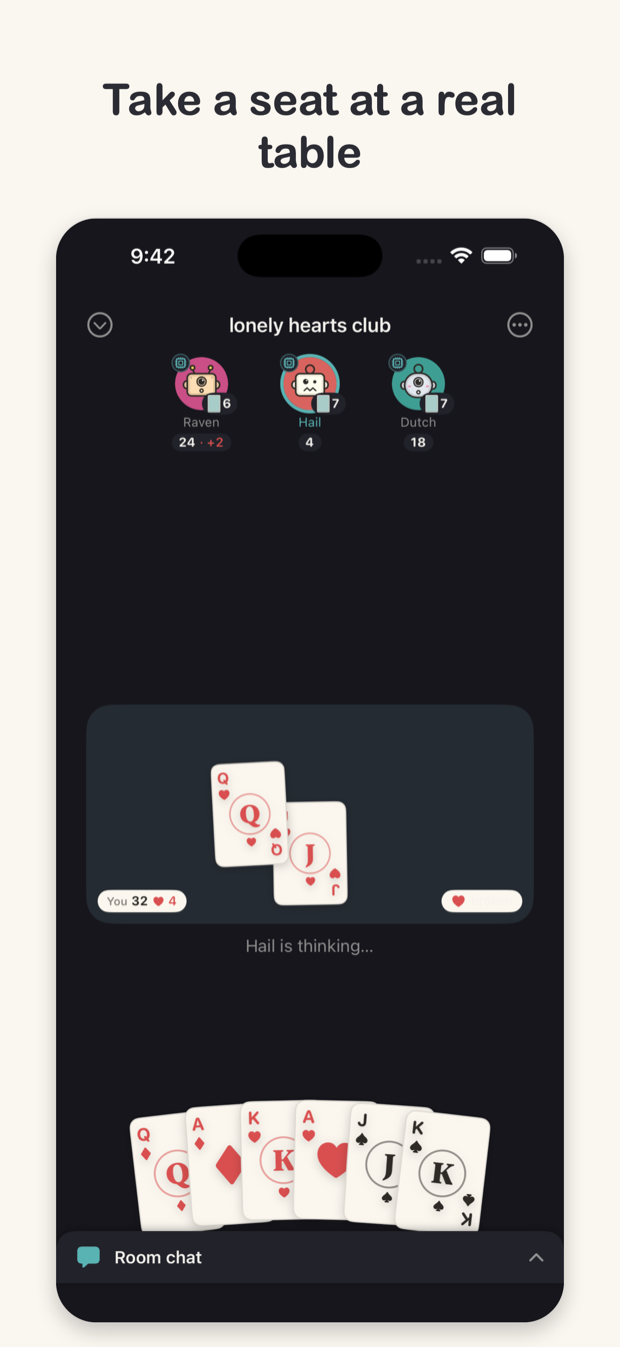 A hand of cards at a Pome table, with the room's chat one tap below